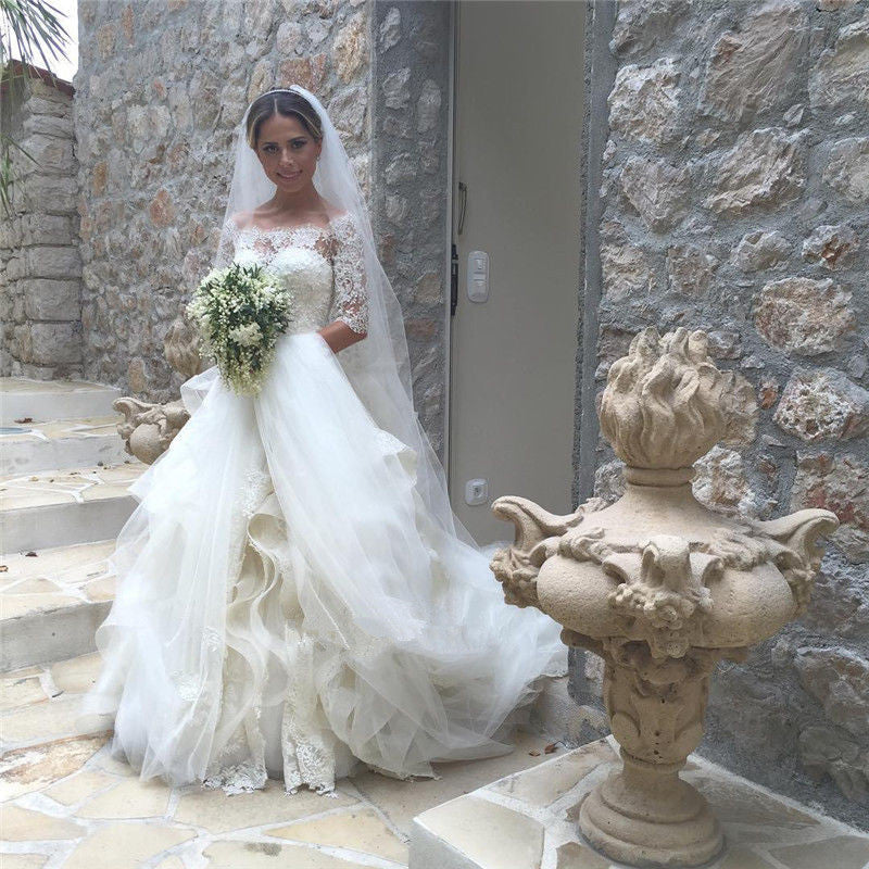 Gorgeous Lace Half Sleeve  Wedding Dresses Ruffles Organza Bridal Dresses