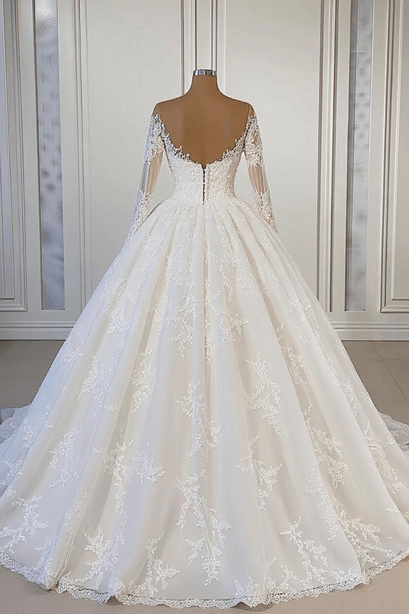 Gorgeous Lace Long Sleeve Beads Ball Gown Wedding Dress