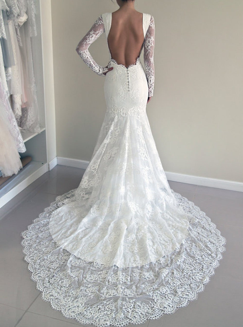 Gorgeous Lace Mermaid Backless Sweep Train Long Sleeve Beach Wedding Dresses