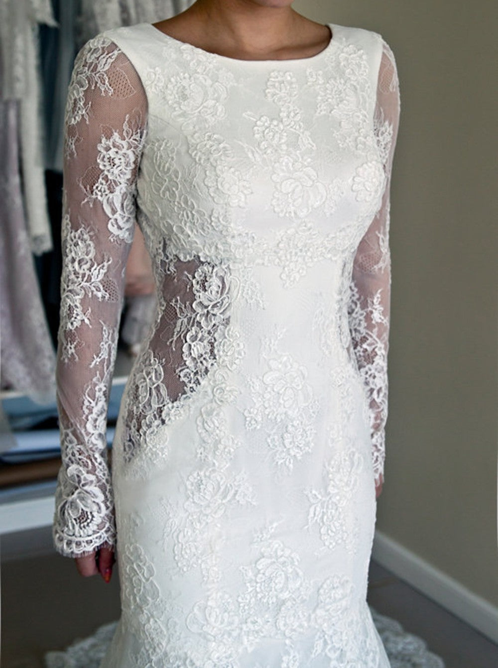 Gorgeous Lace Mermaid Backless Sweep Train Long Sleeve Beach Wedding Dresses