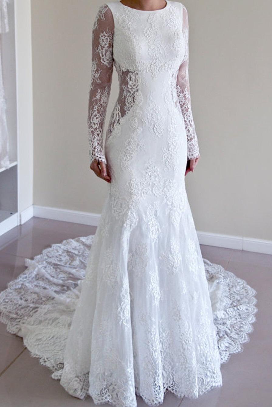 Gorgeous Lace Mermaid Backless Sweep Train Long Sleeve Beach Wedding Dresses