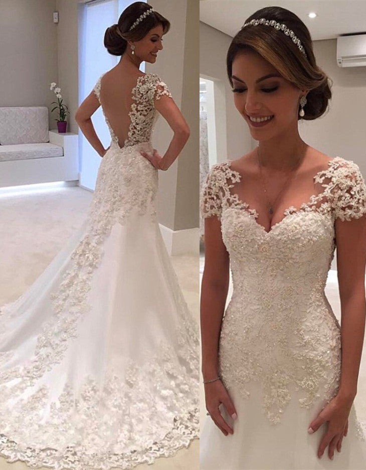 Gorgeous Lace Short Sleeves Bride Dresses  Mermaid Wedding Dress