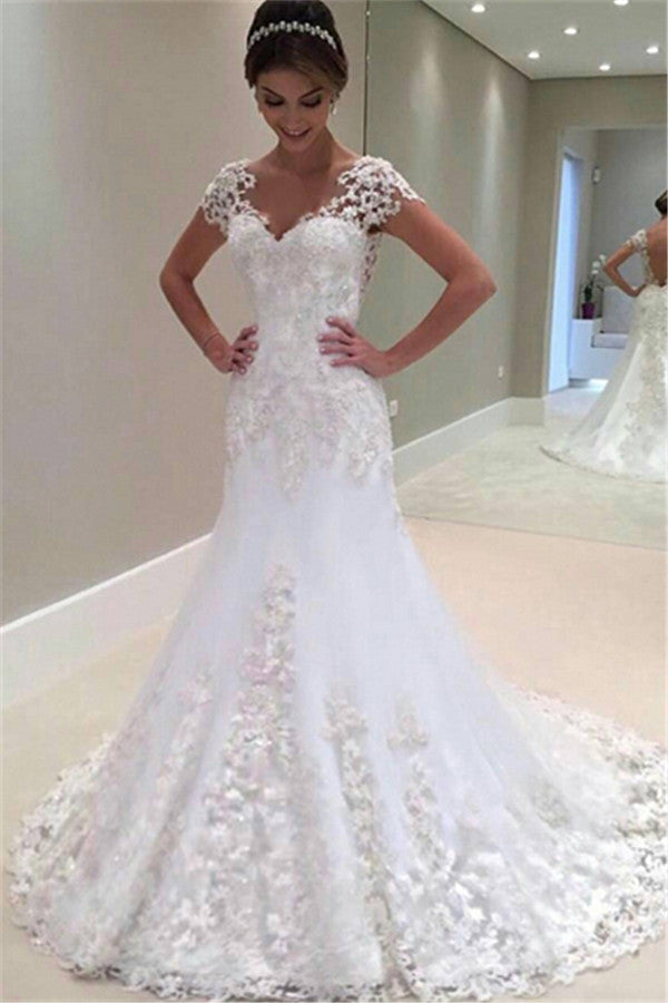 Gorgeous Lace Short Sleeves Bride Dresses  Mermaid Wedding Dress
