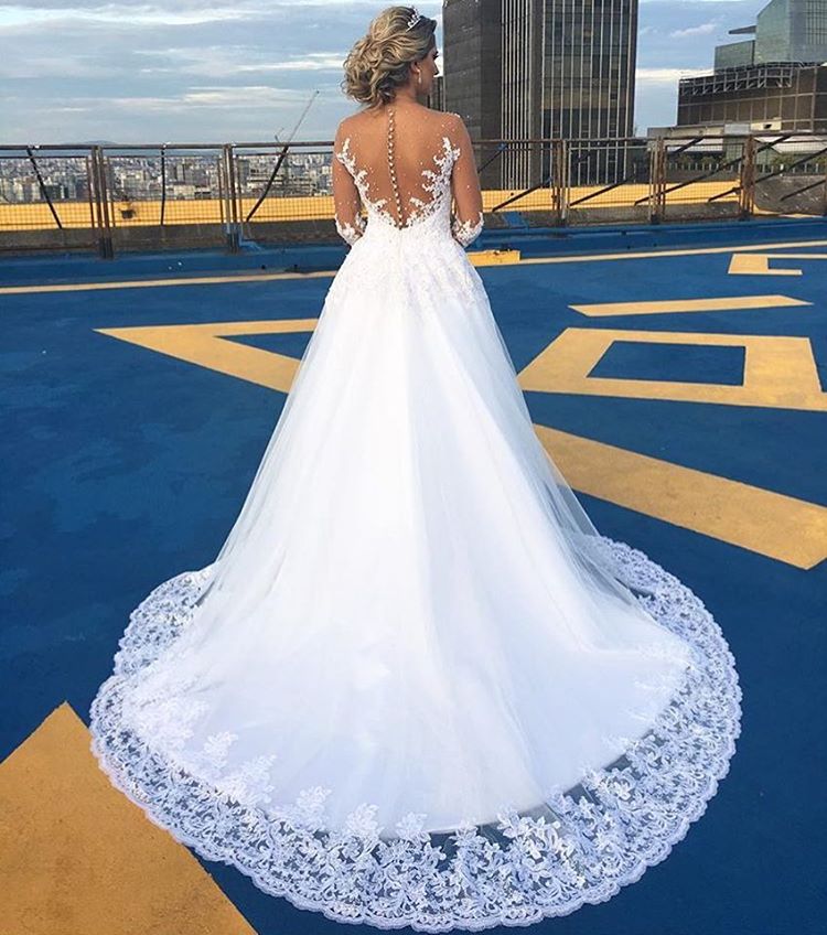 Gorgeous Lace Sweep Train  Bridal Gown Long Sleeve Tulle Wedding Dresses BA6360
