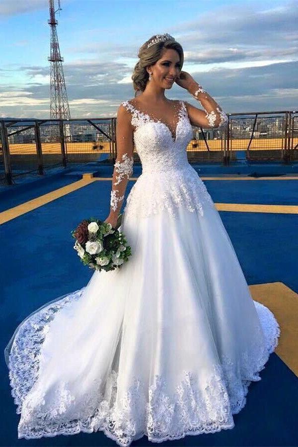 Gorgeous Lace Sweep Train  Bridal Gown Long Sleeve Tulle Wedding Dresses BA6360