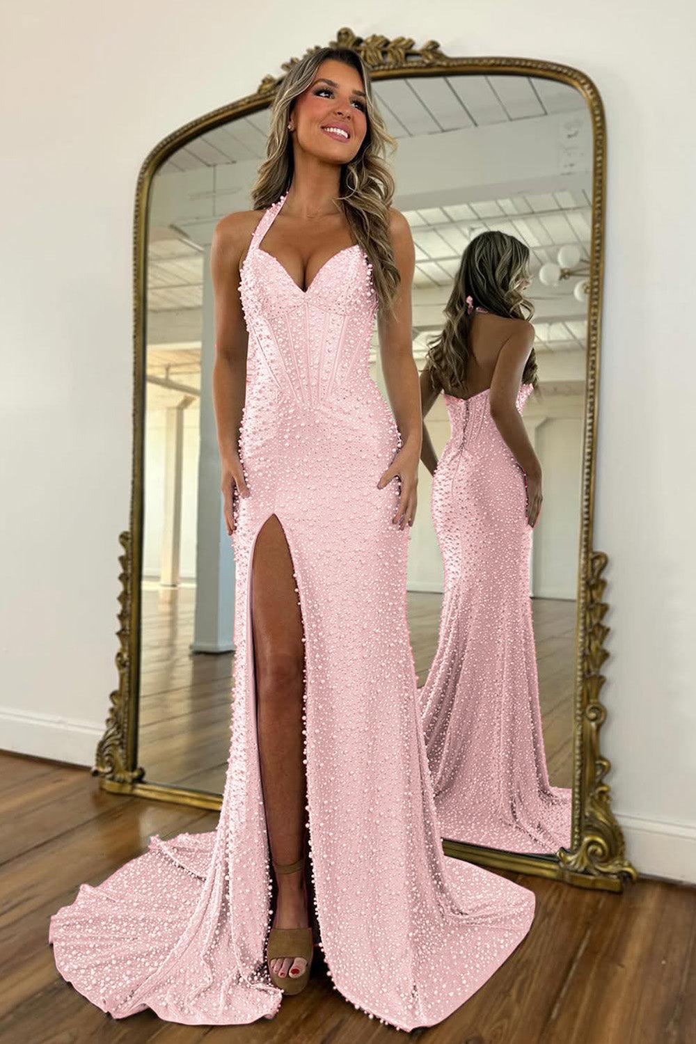 Suzhoufashion Gorgeous Light Blue Beaded Halter Mermaid Prom Dress With Pearls And Slit Formal Evening Gown