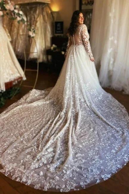 Gorgeous Long A-line V-neck Long Sleeves Lace Wedding Dresses with Train (ZD15603)