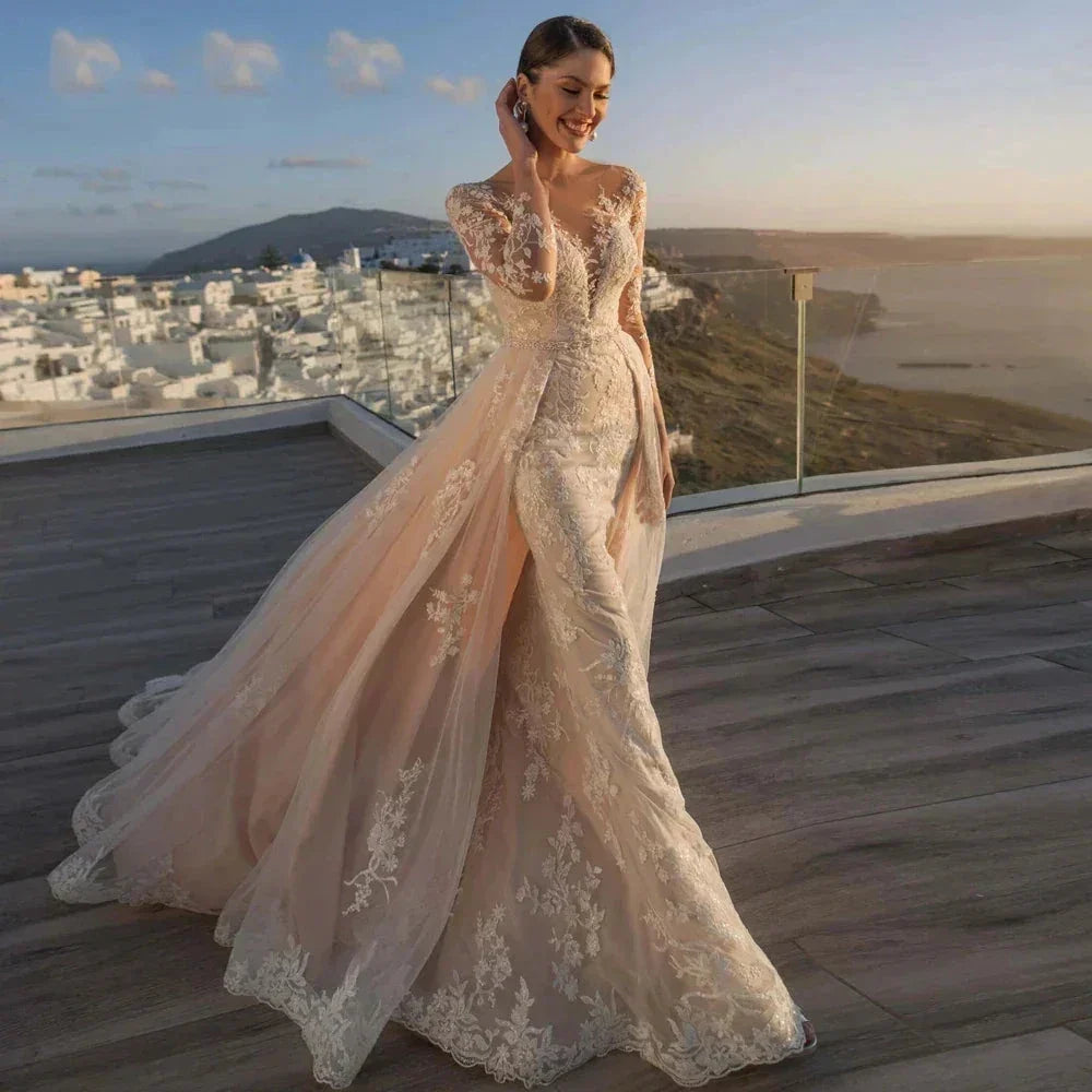 Gorgeous Long Sleeve Lace Mermaid Wedding Dresses Luxury Appliques Button Removable Train Horn Bridal Gowns Robe De Mariée by payinti
