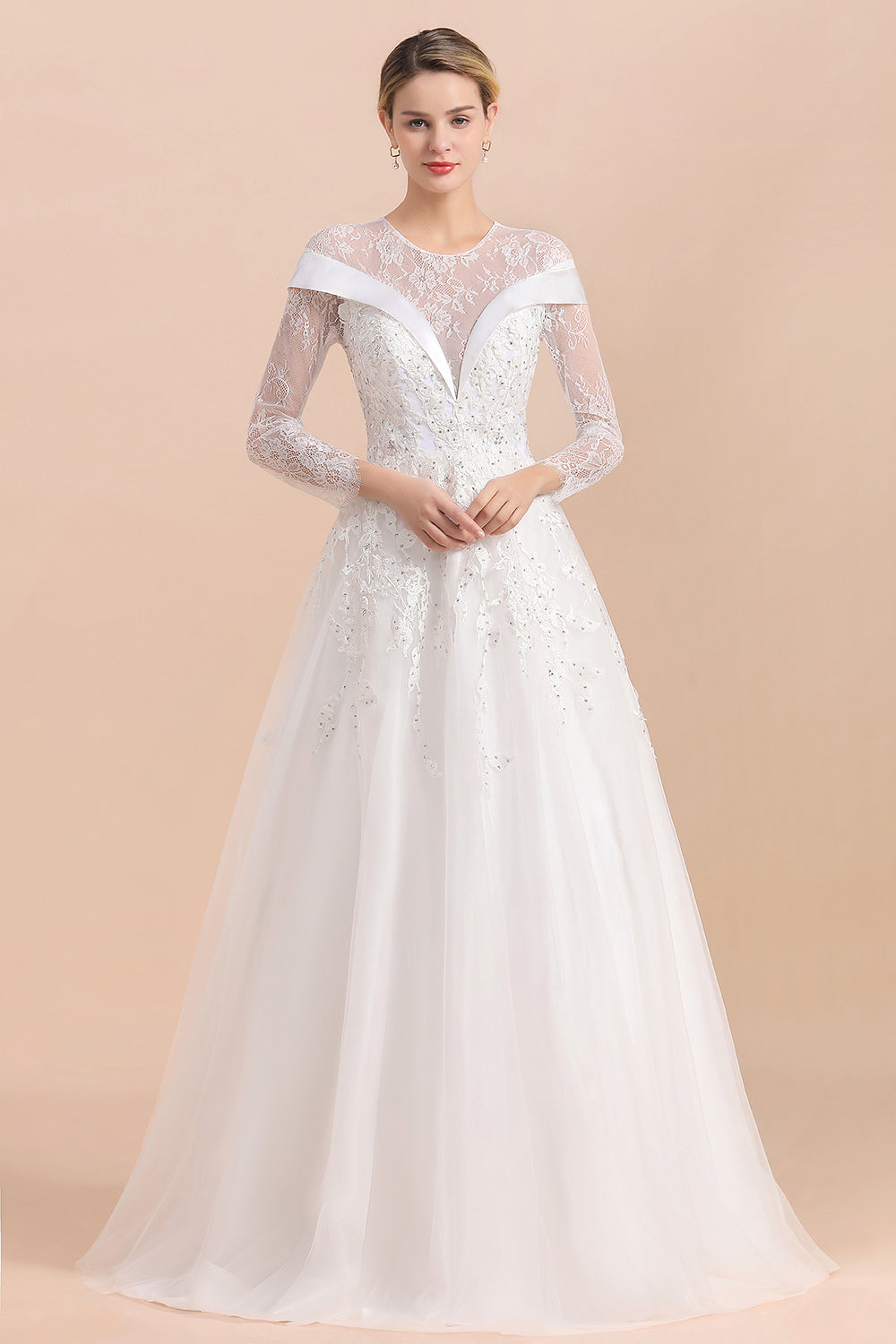 Gorgeous Long Sleeve Lace Wedding Dress | Appliques Bridal Gowns With Beadings
