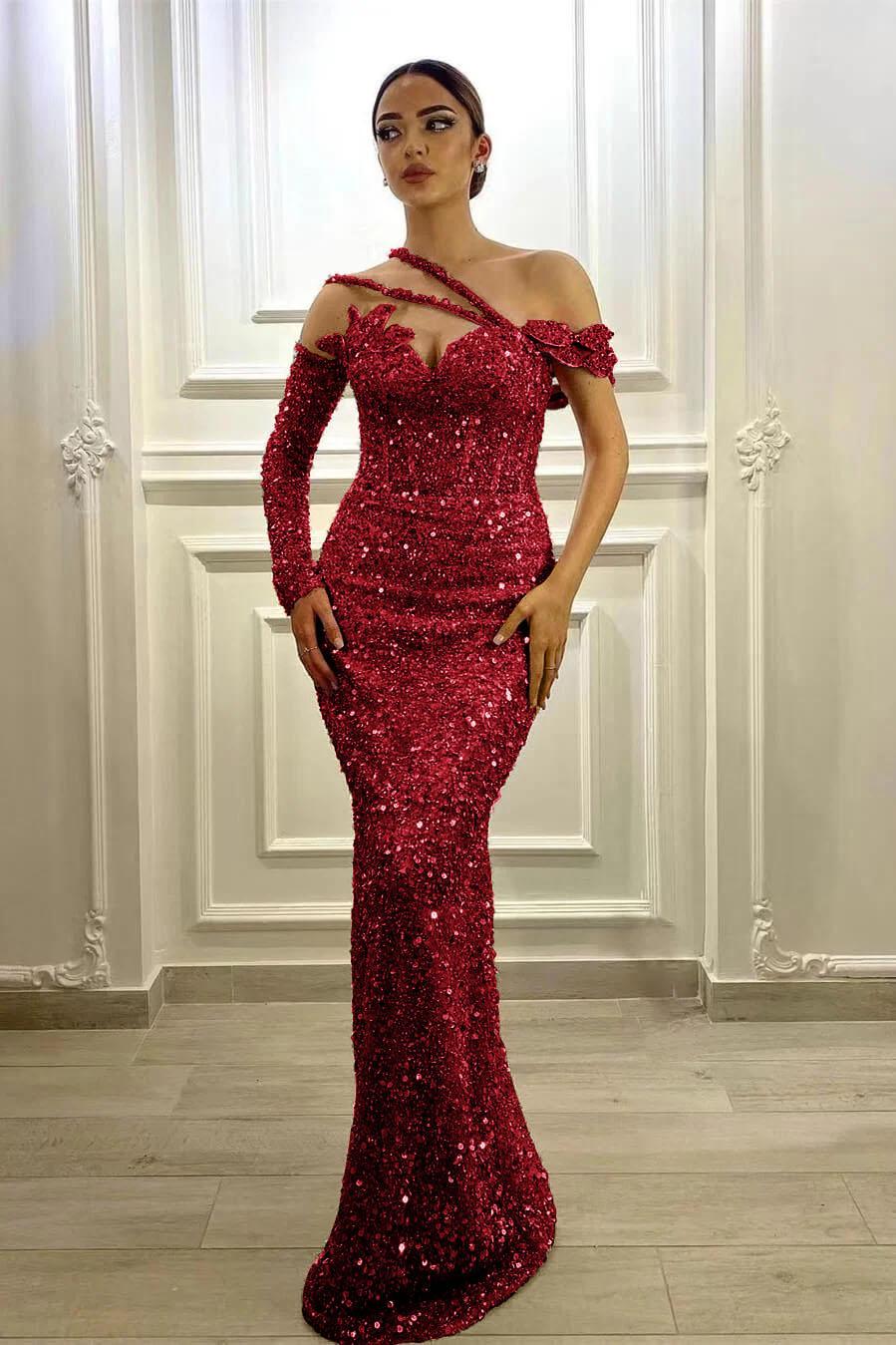 Gorgeous Long Sleeve Prom Dress One Shoulder Mermaid Lavender Evening Formal Dress With Sequins