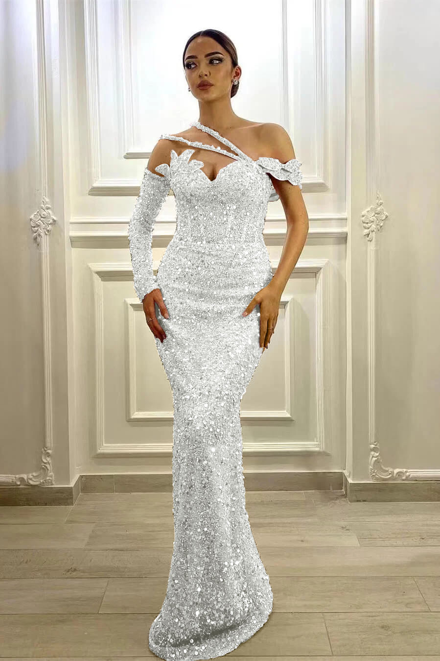 Gorgeous Long Sleeve Prom Dress One Shoulder Mermaid Lavender Evening Formal Dress With Sequins