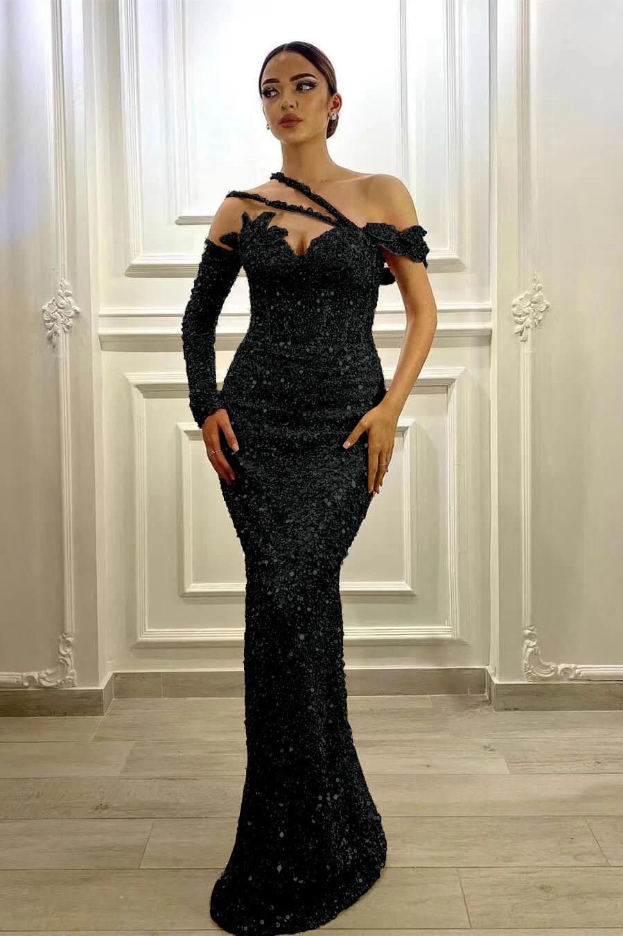 Gorgeous Long Sleeve Prom Dress One Shoulder Mermaid Lavender Evening Formal Dress With Sequins