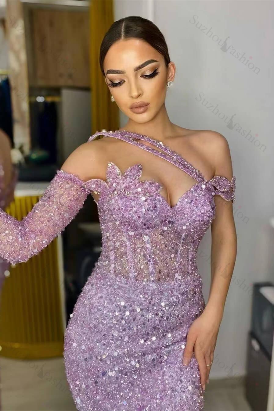 Gorgeous Long Sleeve Prom Dress One Shoulder Mermaid Lavender Evening Formal Dress With Sequins