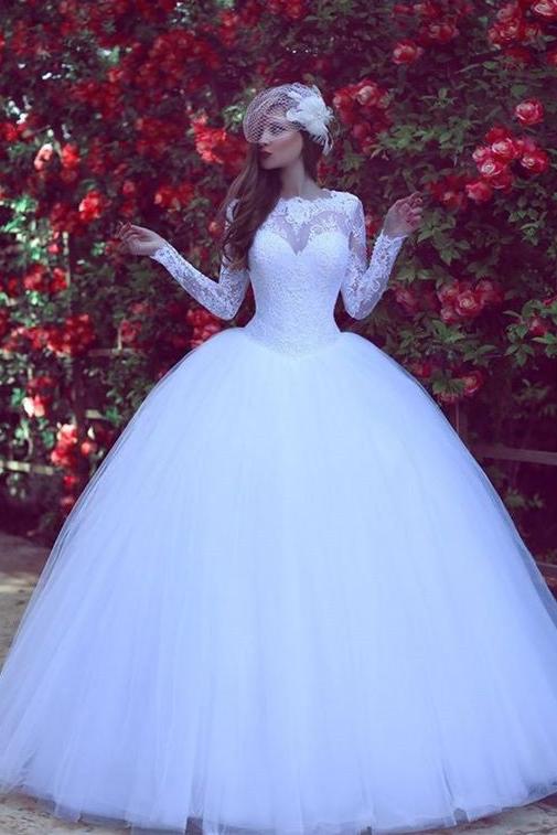 Gorgeous Long Sleeve Tulle  Wedding Dress New Arrival Lace Long Sleeve Bridal Gowns