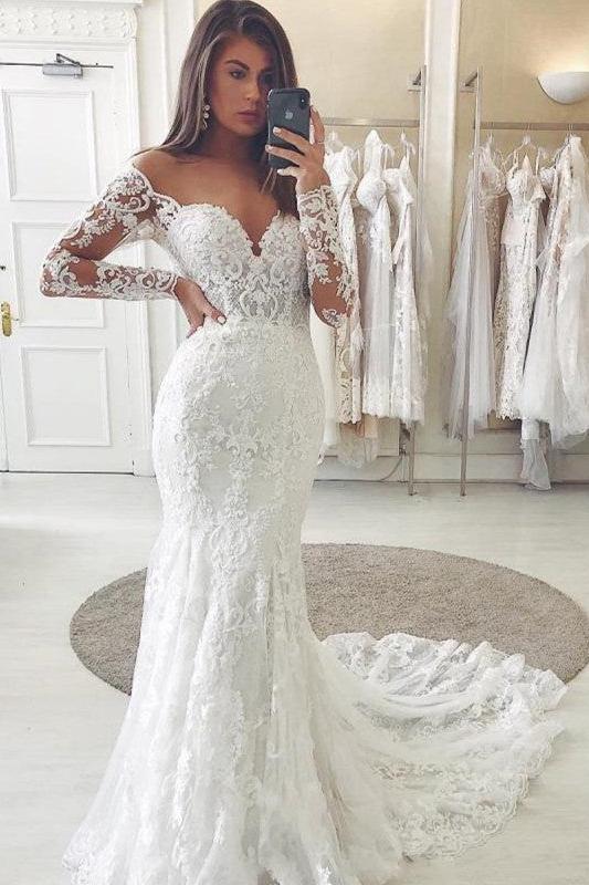 Gorgeous Long Sleeve V-Neck Wedding Dress Mermaid Lace Bridal Gowns