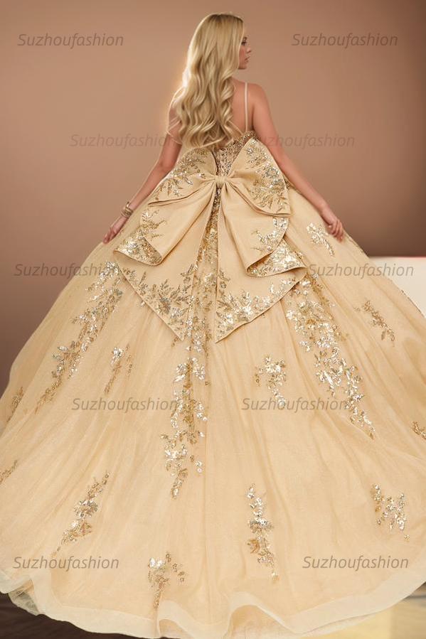 Gorgeous & Luxury Ball Gown Sweetheart Neck Spaghetti Straps Sequins Lace Appliques Bown Knot Gold Tulle Quinceanera Dress Evening Dress For Sweet 16