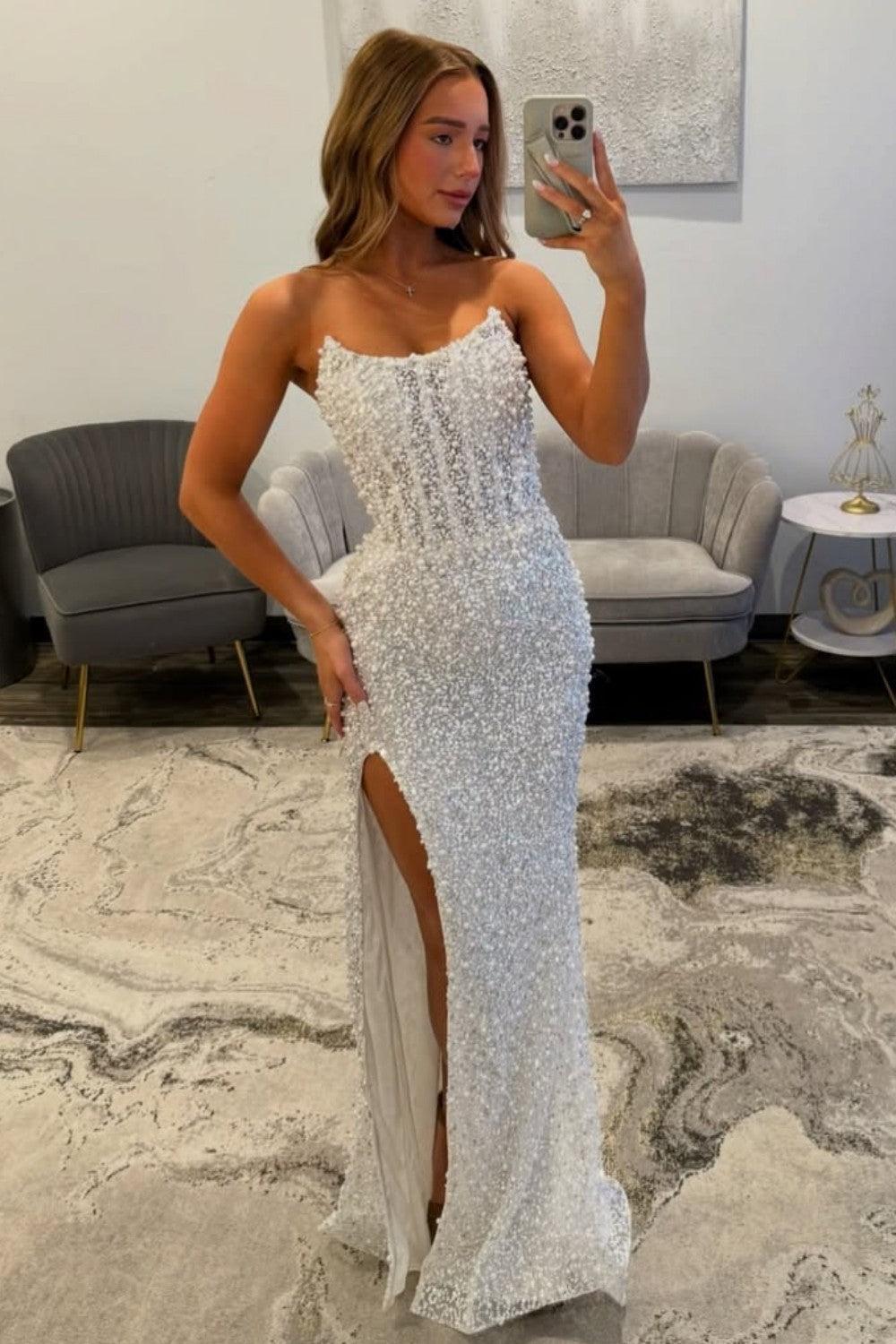 White Pearls Strapless Mermaid Prom Dress With Slit Formal Evening Gown