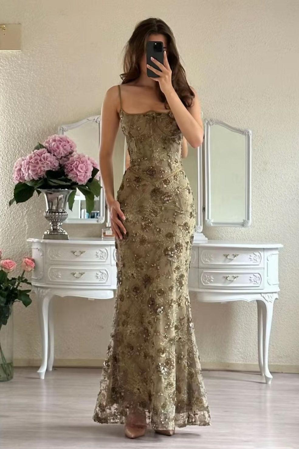 Suzhoufashion Mermaid Spaghetti Straps Green Lace Long Prom Dress With Appliques Formal Evening Gown
