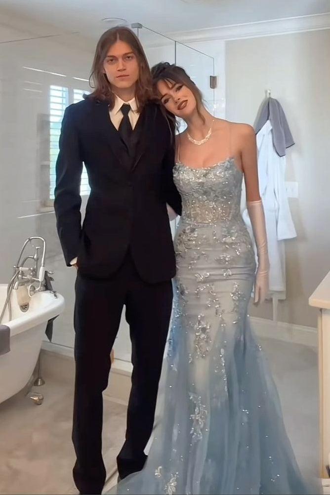 Suzhoufashion Mermaid Spaghetti Straps Grey Blue Long Prom Dress With Appliques Formal Evening Gown