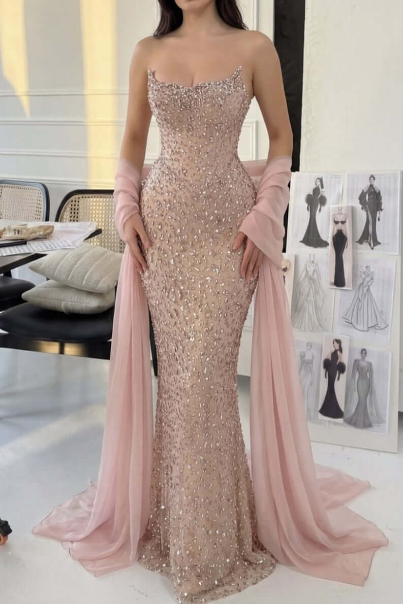 Strapless Sleeveless Long Mermaid Evening Formal Dress With Beading