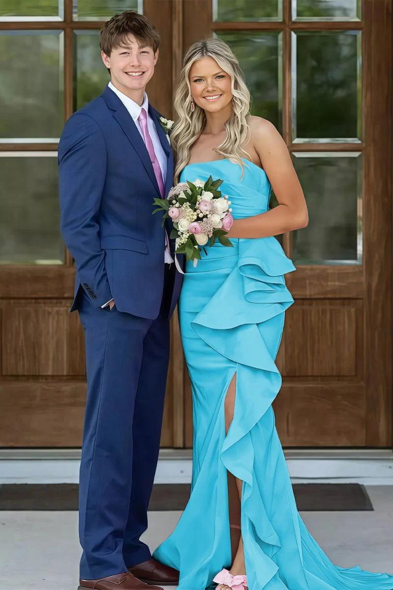 Mermaid Strapless Pink Long Prom Dress With Split Front Ruched Formal Evening Gown