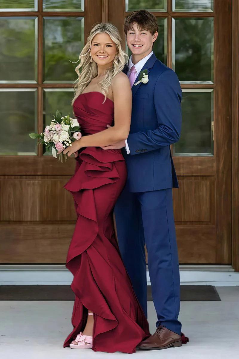 Mermaid Strapless Pink Long Prom Dress With Split Front Ruched Formal Evening Gown
