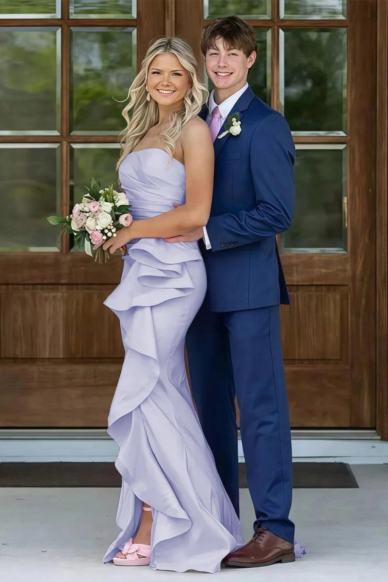 Mermaid Strapless Pink Long Prom Dress With Split Front Ruched Formal Evening Gown