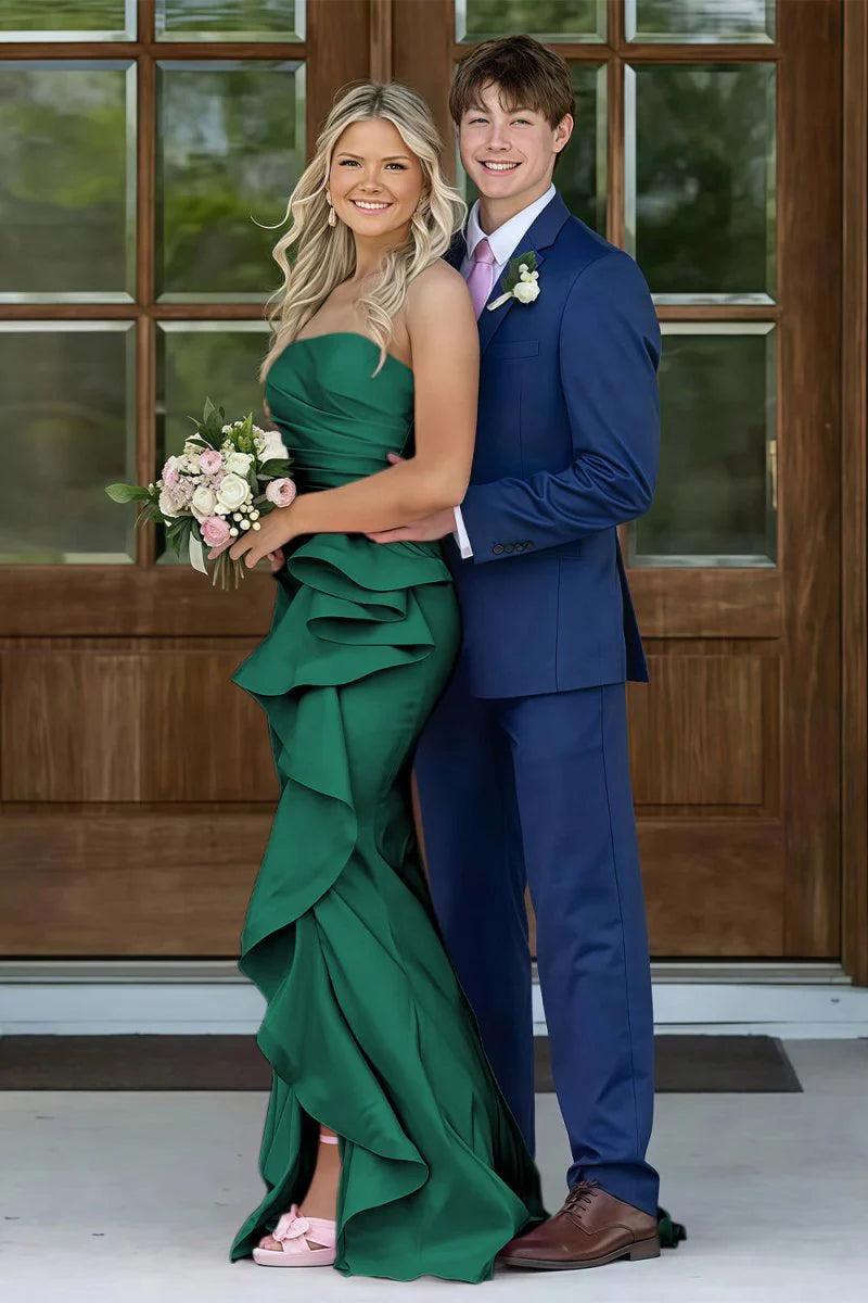 Mermaid Strapless Pink Long Prom Dress With Split Front Ruched Formal Evening Gown