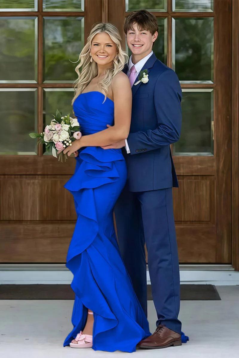 Mermaid Strapless Pink Long Prom Dress With Split Front Ruched Formal Evening Gown