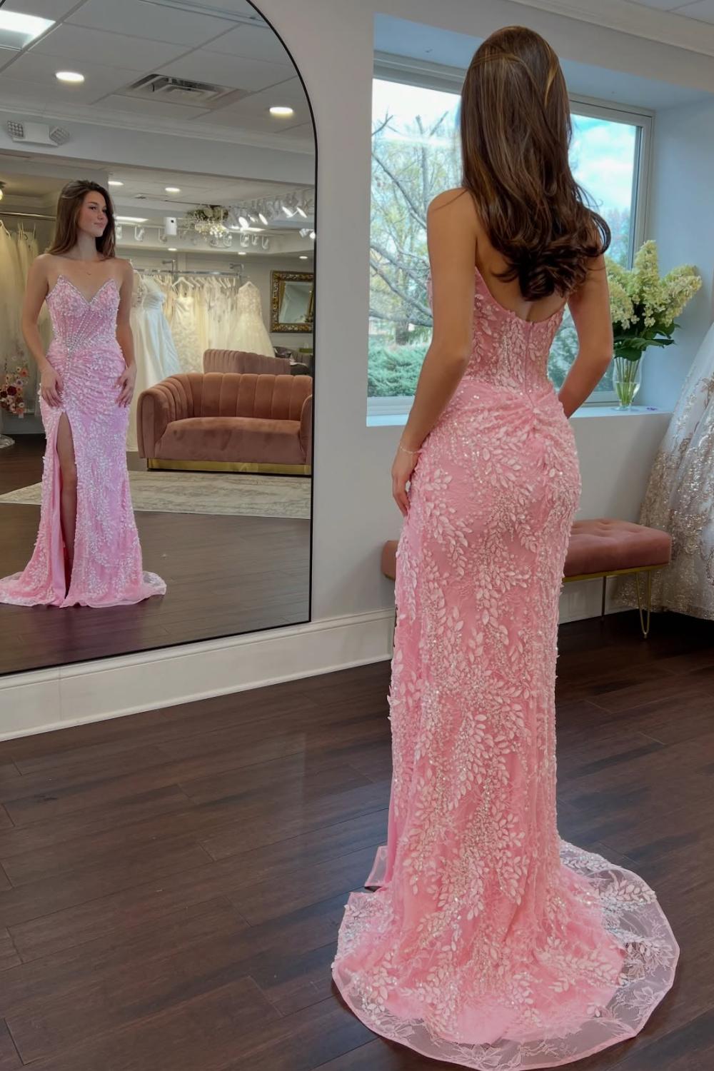 Suzhoufashion Gorgeous Mermaid Sweetheart Pink Long Prom Dress With Split Front Appliques Formal Evening Gown