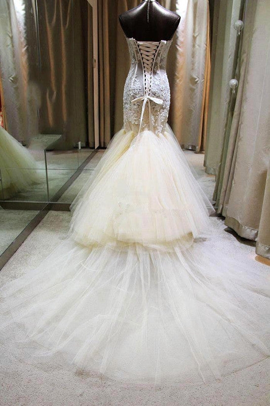 Gorgeous Mermaid Sweetheart Wedding Dress Lace Applique  Bridal Gown with Long Train CE0159