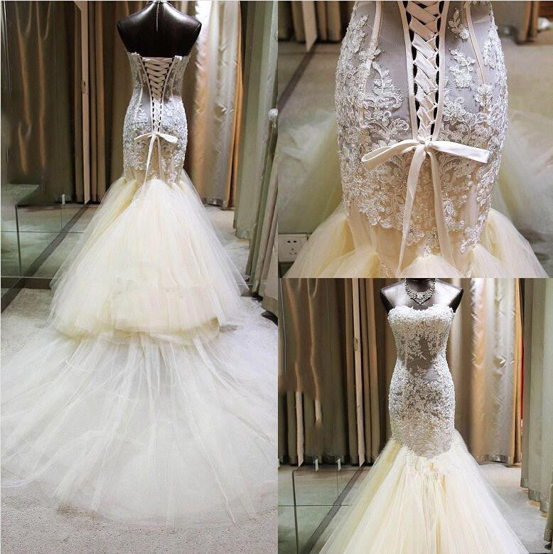 Gorgeous Mermaid Sweetheart Wedding Dress Lace Applique  Bridal Gown with Long Train CE0159