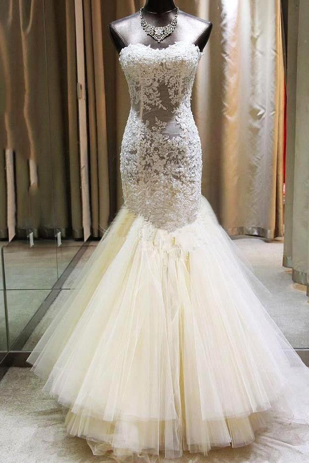 Gorgeous Mermaid Sweetheart Wedding Dress Lace Applique  Bridal Gown with Long Train CE0159