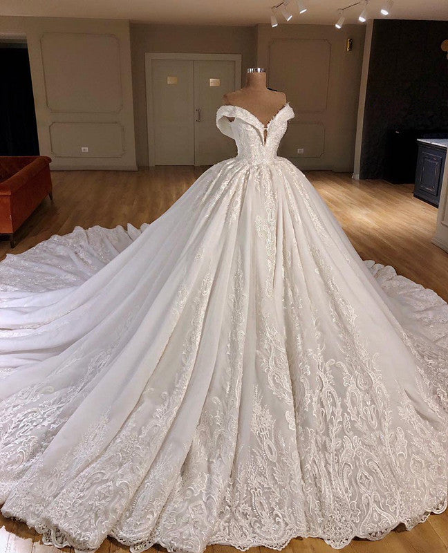 Gorgeous Off Shoulder Ball Gown Wedding Dresses  | Puffy Lace Wedding Dress Online
