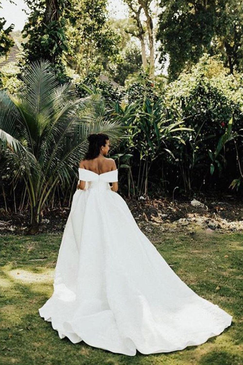 Gorgeous Off the Shoulder Aline Satin Bridal Gown Garden Beach Wedding Dress