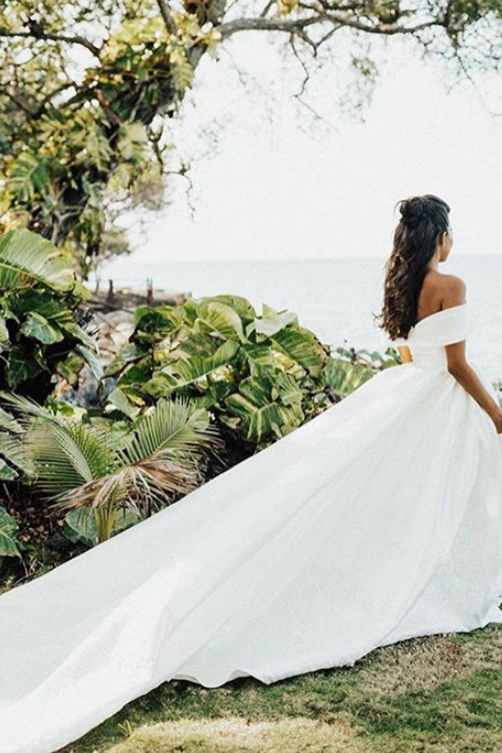 Gorgeous Off the Shoulder Aline Satin Bridal Gown Garden Beach Wedding Dress