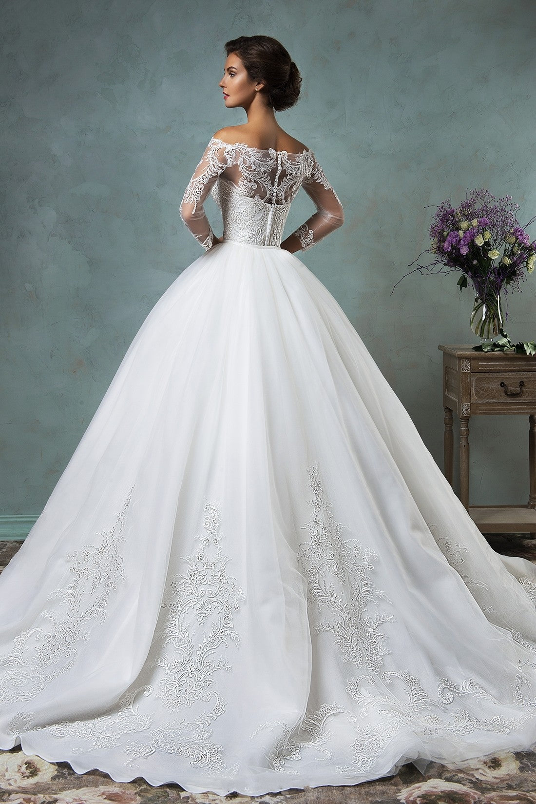 Gorgeous Off the Shoulder Detachable Train Wedding Dresses Long Sleeve Lace  Bride Dress