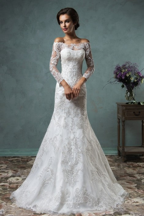 Gorgeous Off the Shoulder Detachable Train Wedding Dresses Long Sleeve Lace  Bride Dress