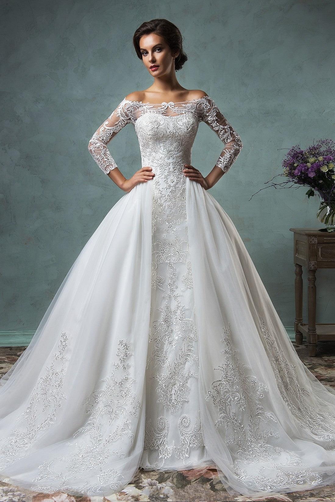 Gorgeous Off the Shoulder Detachable Train Wedding Dresses Long Sleeve Lace  Bride Dress