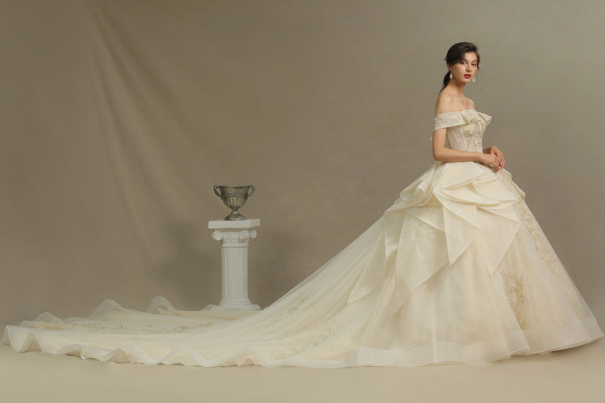 Gorgeous Off-the-Shoulder Floral Appliques Ball Gown Ivory aline Bridal Gown