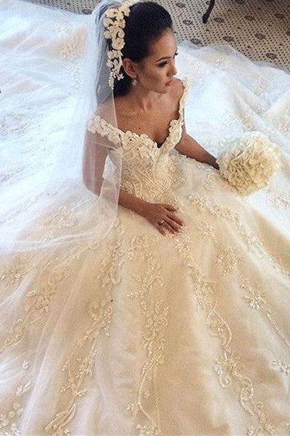 Gorgeous Off the Shoulder Princess Dress Latest Chapel Train Lace Wedding Dresses