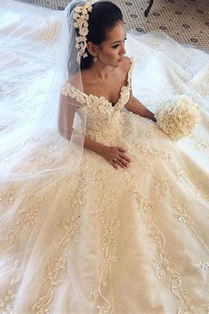 Gorgeous Off the Shoulder Princess Dress Latest Chapel Train Lace Wedding Dresses