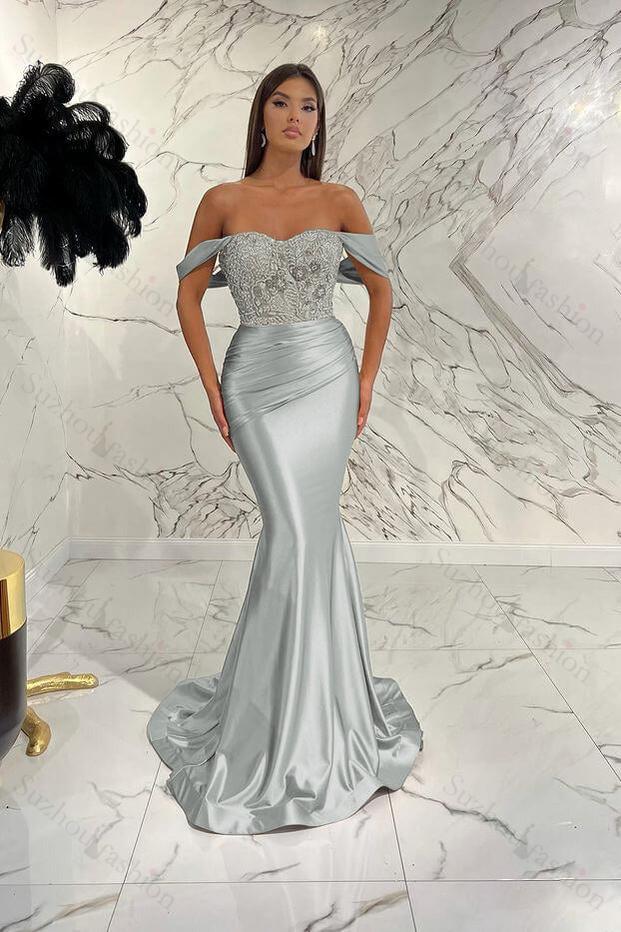 Gorgeous Off the Shoulder Prom Dress Mermaid Sequined Evening Formal Dress With Beading Pleated