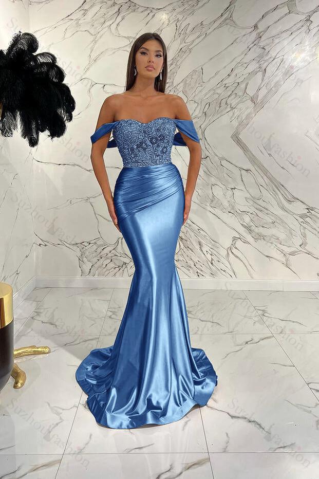 Gorgeous Off the Shoulder Prom Dress Mermaid Sequined Evening Formal Dress With Beading Pleated