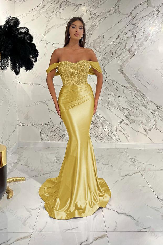 Gorgeous Off the Shoulder Prom Dress Mermaid Sequined Evening Formal Dress With Beading Pleated