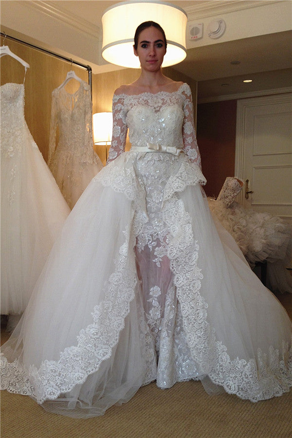 Gorgeous Off-the-shoulder Long Sleeve Lace Wedding Dresses  Sheer Overskirt Tulle Bridal Dress