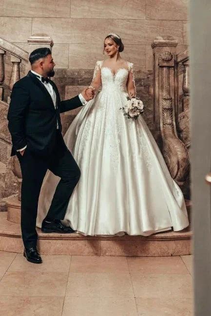 Gorgeous Princess A-line Satin Lace Wedding Dresses With Long Sleeves (ZD15630)