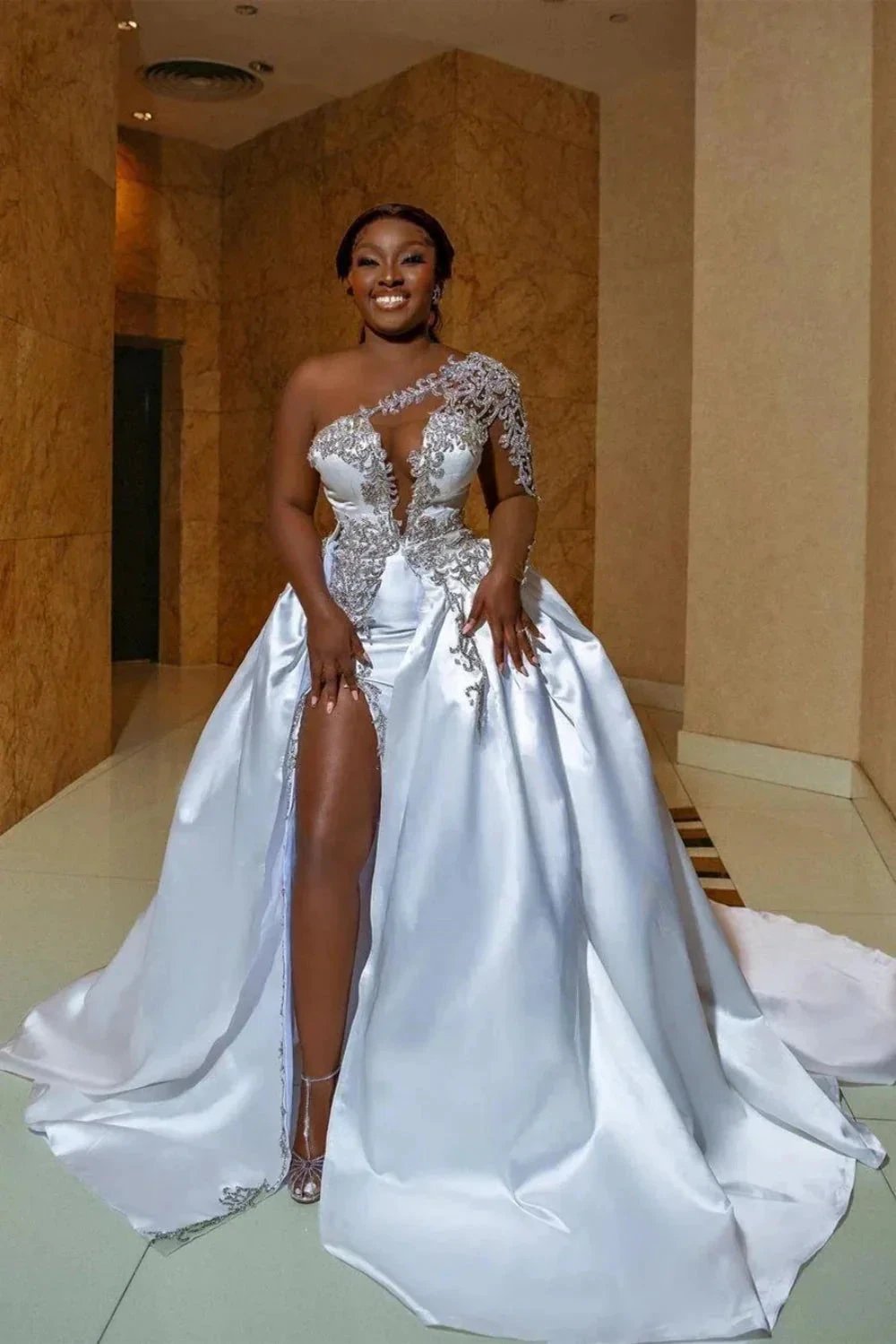 Gorgeous Long A-line Satin One Shoulder Beading Appliques Lace Wedding Dress with Slit (ZD14486)