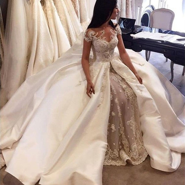 Gorgeous Short Sleeve Lace Wedding Dresses Custom Made  Bridal Gowns with Long Train BA5502
