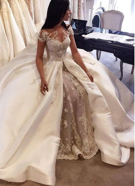 Gorgeous Short Sleeve Lace Wedding Dresses Custom Made  Bridal Gowns with Long Train BA5502